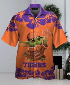 Clemson Tigers Baby Yoda Short Sleeve Button Up Tropical Hawaiian Shirt