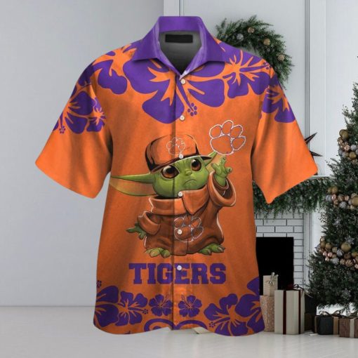 Clemson Tigers Baby Yoda Short Sleeve Button Up Tropical Hawaiian Shirt