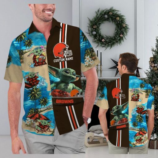Cleveland Browns Baby Yoda Name Personalized Short Sleeve Button Up Tropical Hawaiian Shirt
