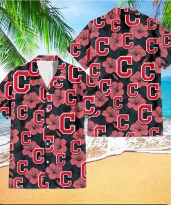 Cleveland Indians Light Coral Hibiscus Gray Leaf Black Background 3D Hawaiian Shirt Gift For Fans