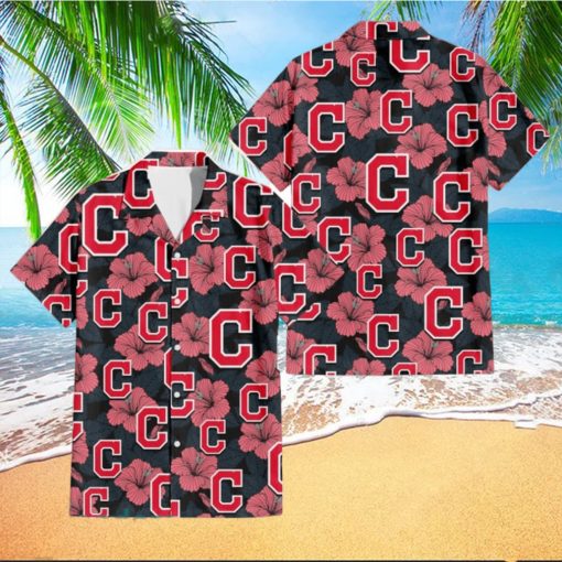 Cleveland Indians Light Coral Hibiscus Gray Leaf Black Background 3D Hawaiian Shirt Gift For Fans