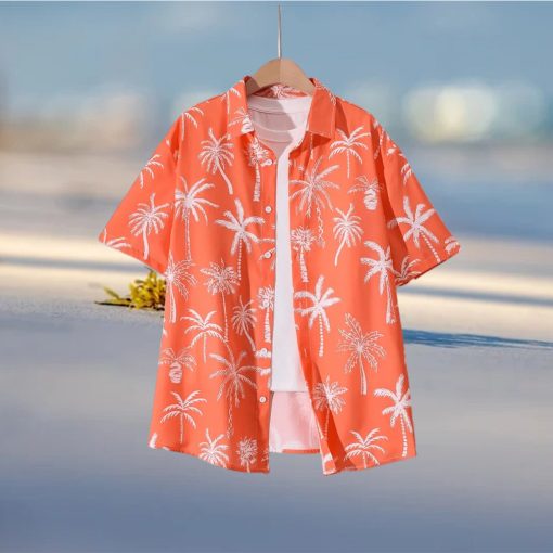 Coconut Tree Pattern Men s Short Sleeve Lapel Shirt  Men s Button Up Shirt For Summer Outdoor Vacation  Hawaiian Style