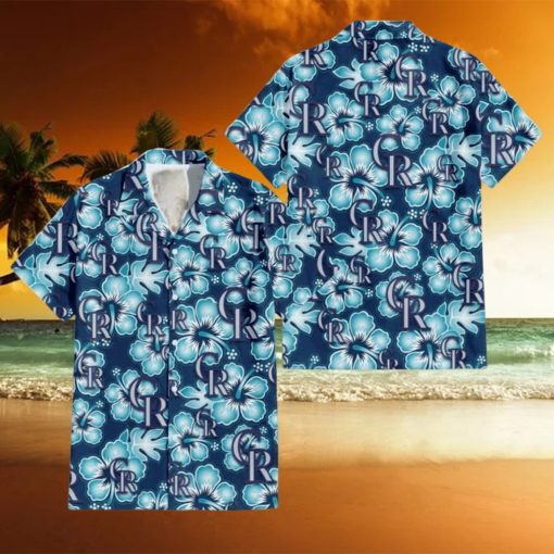 Colorado Rockies Dark Turquoise Hibiscus Navy Background 3D Hawaiian Shirt