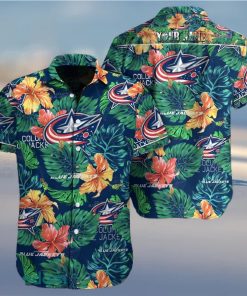 Columbus Blue Jackets NHL Custom Name Flower And Leaf Pattern Tropical Hawaiian Shirt