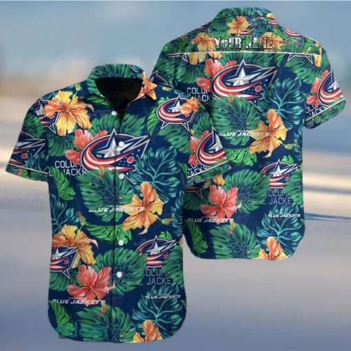 Columbus Blue Jackets NHL Custom Name Flower And Leaf Pattern Tropical Hawaiian Shirt