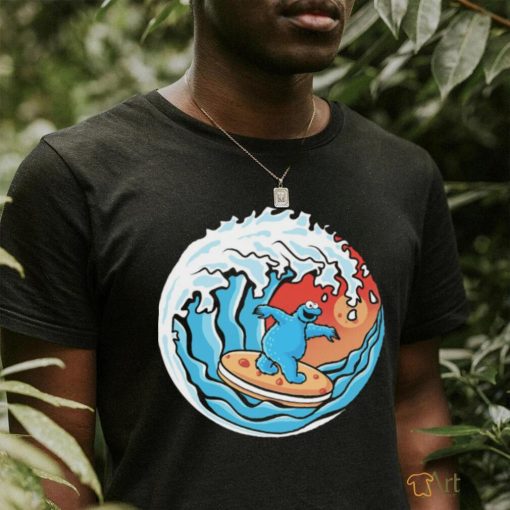 Cookie Monster surfing a great wave logo shirt