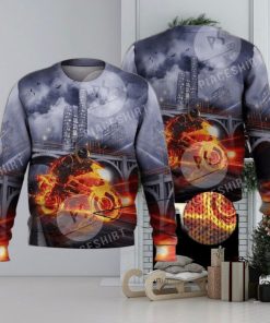 Cool Fire Burning Motorcycle Biker 3D Full Print Ugly Sweater Christmas Gift Sweater