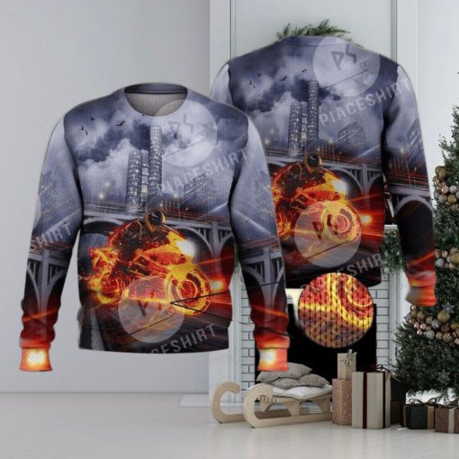 Cool Fire Burning Motorcycle Biker 3D Full Print Ugly Sweater Christmas Gift Sweater