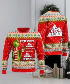 Coors Light Beer Grinch I Will Drink Here Everywhere Ugly Christmas Sweater Jumper