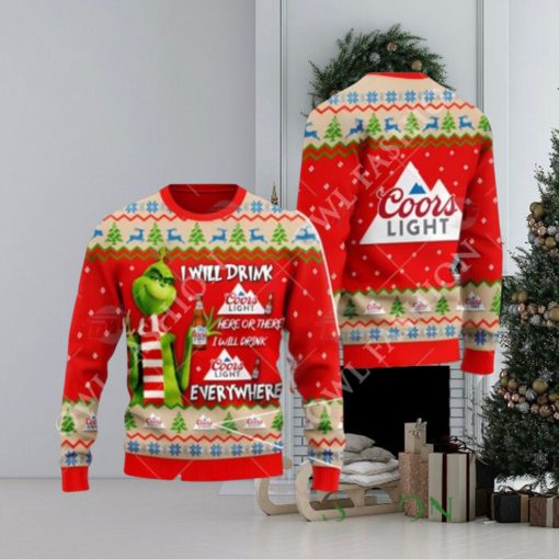 Coors Light Beer Grinch I Will Drink Here Everywhere Ugly Christmas Sweater Jumper