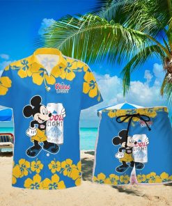 Coors Light Beer Mickey Mouse Hibicus Flower Gift Hawaiian Set Shirt