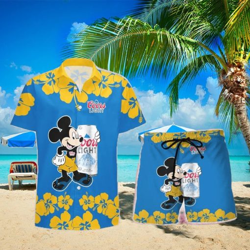 Coors Light Beer Mickey Mouse Hibicus Flower Gift Hawaiian Set Shirt