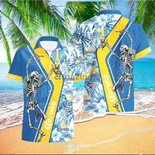 Corona Extra Beer Skeleton Dancing Happy Hawaiian Shirt And Shorts Halloween Gift Summer Gift