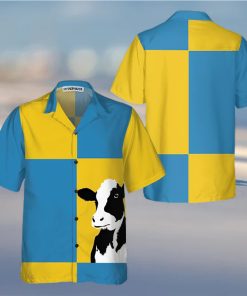 Cow On Yellow And Blue Background Hawaiian Shirt, Cow Shirt For Men & Womedn, Funny Cow Print Shirt