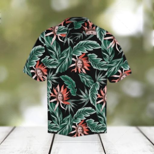 Custom Face Red Flowers Green Leaves Men s All Over Print Hawaiian Shirt