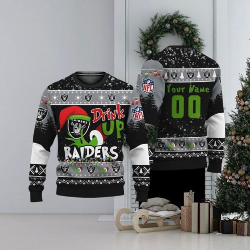 Custom NFL Las Vegas Raiders Ugly Christmas Sweater Grinch Drink Up Christmas Gift For Football Fans