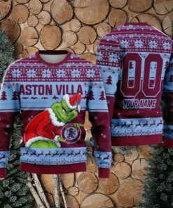 Custom Name And Number EPL Aston Villa Grinch Ugly Christmas Sweater All Over Print Trending Sweater For Fan