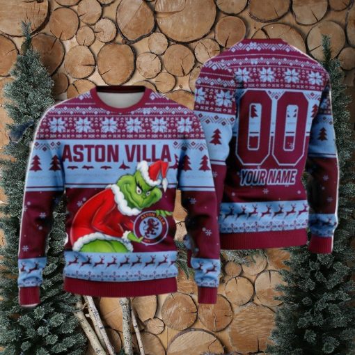 Custom Name And Number EPL Aston Villa Grinch Ugly Christmas Sweater All Over Print Trending Sweater For Fan