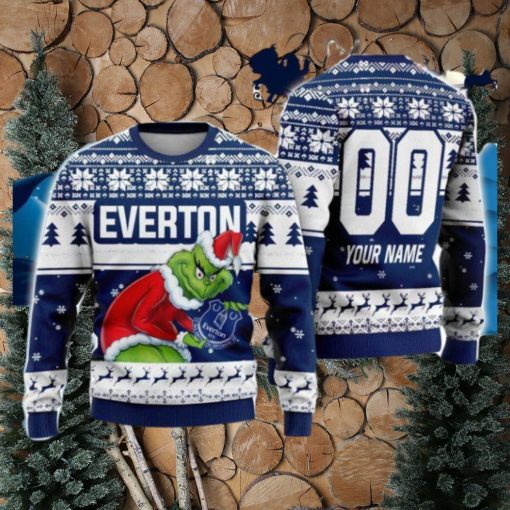 Custom Name And Number EPL Everton Grinch Ugly Christmas Sweater All Over Print Trending Sweater For Fan