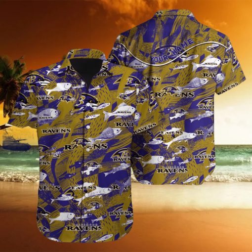 Custom Name Baltimore Ravens NFL Fish AOP Pattern Hawaiian Shirt For Men And Women