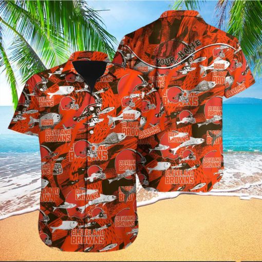 Custom Name Cleveland Browns NFL Fish AOP Pattern Hawaiian Shirt For Men And Women