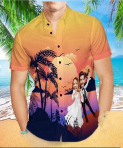 Custom Photo Trendy Aloha Hawaiian Shirt Personalized Sunset And Coconut Grove Wedding Trendy Aloha Hawaiian Shirt Group Wedding Uniforms