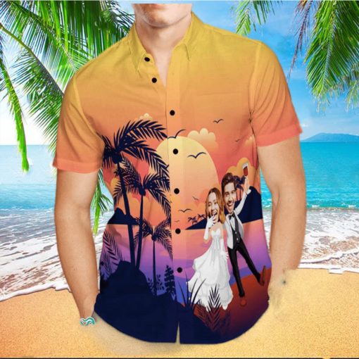 Custom Photo Trendy Aloha Hawaiian Shirt Personalized Sunset And Coconut Grove Wedding Trendy Aloha Hawaiian Shirt Group Wedding Uniforms