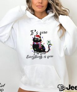 Cute Black Cat Wearing Santa Hat With Christmas Light It’s Fine I’m Fine Everything’s Fine Merry Christmas 2023 T shirt