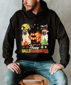 Cute Pug happy hallothanksmas halloween thanksgiving xmas shirt