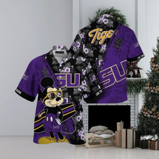 NCAA Lsu Tigers Hawaiian Shirt Mickey And Floral Pattern