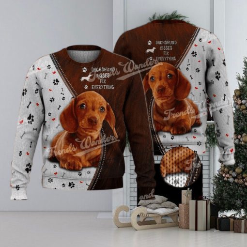 Dachshund Kisses Fix Everything Brown Cute 3D Full Print Ugly Sweater Christmas Gift Sweater