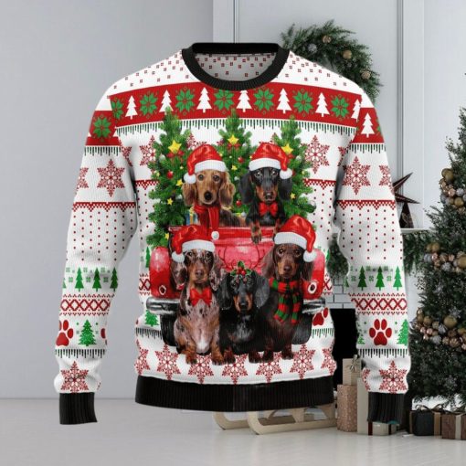 Dachshund Red Truck Ugly Sweater For Christmas