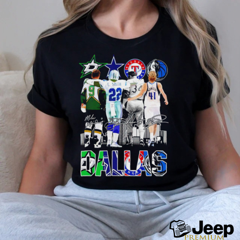 Dallas Stars Dallas Cowboys Texas Rangers Dallas Mavericks Skyline  signatures 2023 shirt, hoodie, longsleeve, sweatshirt, v-neck tee