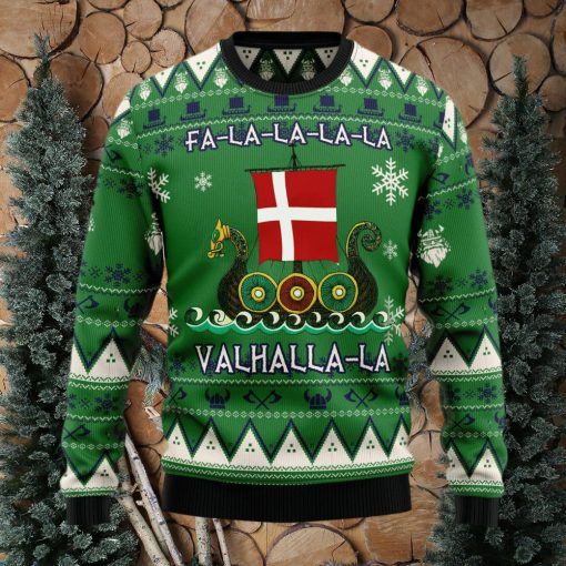 Denmark Viking Ugly Christmas Sweater Dragon Boat Fa La La La Valhalla 3D Christmas Sweater