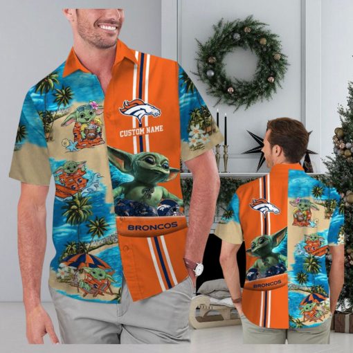 Denver Broncos Baby Yoda Name Personalized Short Sleeve Button Up Tropical Hawaiian Shirt