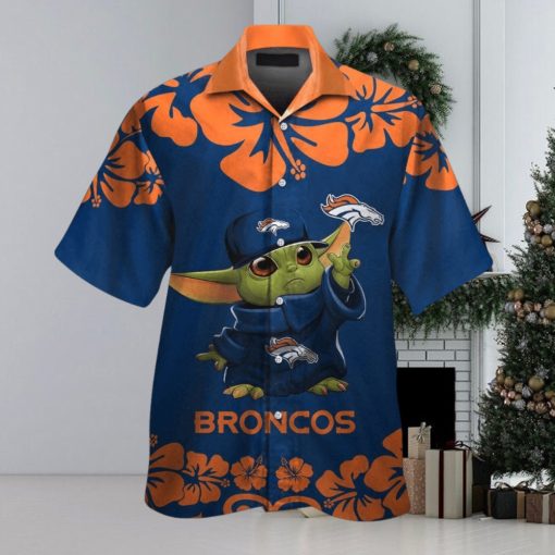 Denver Broncos Baby Yoda Short Sleeve Button Up Tropical Hawaiian Shirt