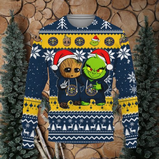 Denver Nuggets Baby Groot And Grinch Best Friends Football American Knitted Xmas 3D Sweater Gift Holidays