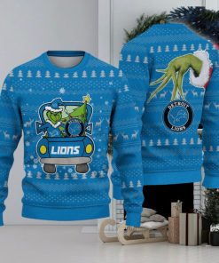 Detroit Lions And Grinch Driving With Pine Trees Knitted Christmas 3D Sweater Gift For Fans