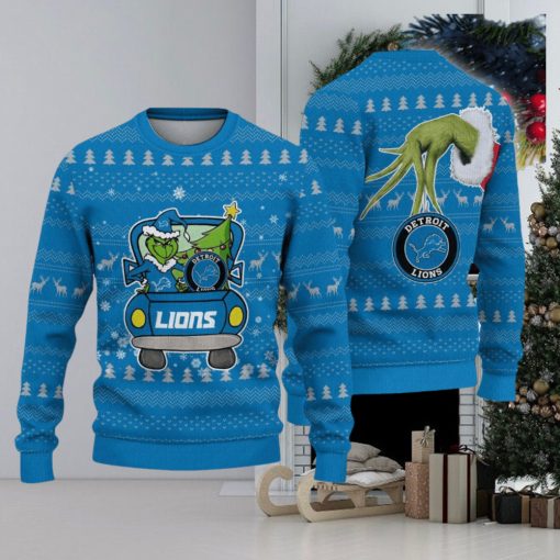 Detroit Lions And Grinch Driving With Pine Trees Knitted Christmas 3D Sweater Gift For Fans