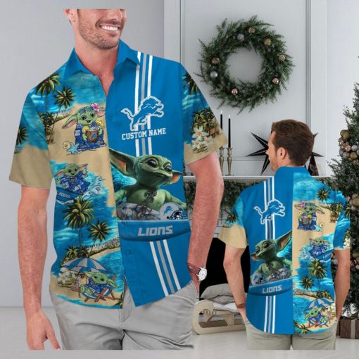 Detroit Lions Baby Yoda Name Personalized Short Sleeve Button Up Tropical Hawaiian Shirt
