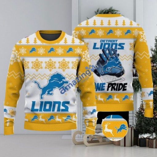 Detroit Lions Fans Logo Snowflake Pattern Ugly Christmas Sweater Yellow