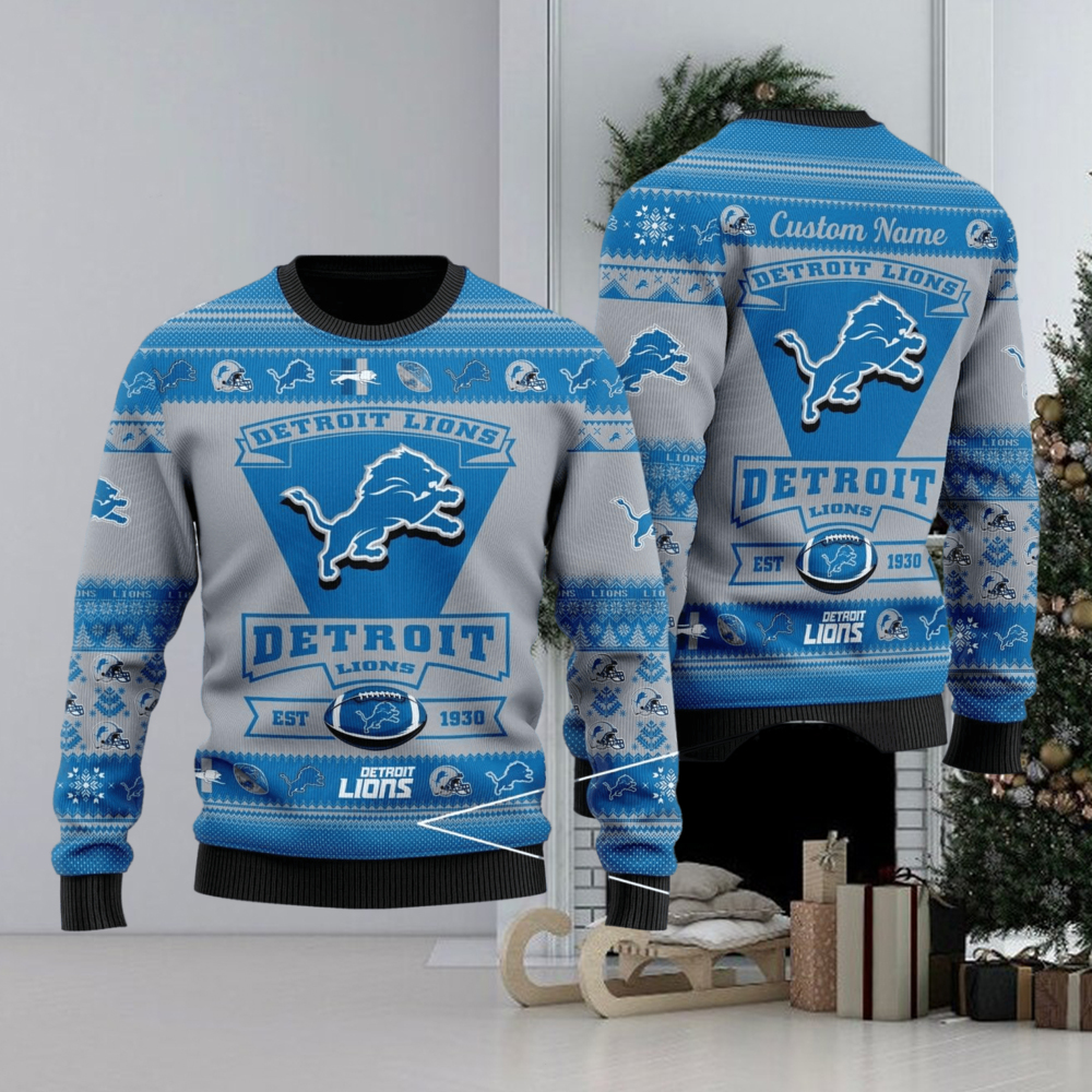 Detroit Lions Football Team Logo Ugly Christmas Sweater Custom Name Christmas For Fans