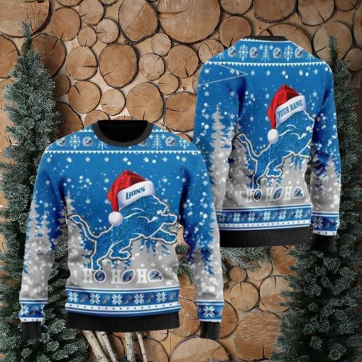 Detroit Lions Symbol Wearing Santa Claus Hat Ho Ho Ho Personalized Ugly Christmas Sweaters