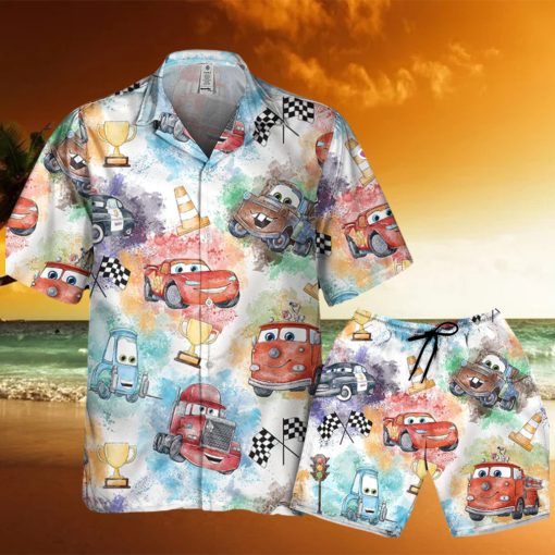 Disney Car Lightning Mcqueen Watercolor Seamless Disney Hawaiian Shirt And Short For Men And Women Gift