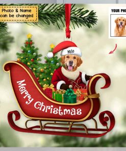 Dog Sitting On A Cute Sleigh Ornament Personalized Acrylic Christmas Ornament