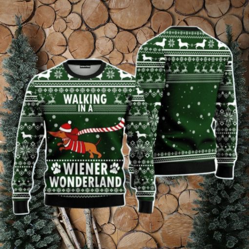 Dog Walking In A Wiener Wonderland Christmas Unisex Ugly Sweater