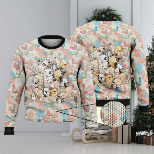 Dogs On Pink And Blue Birds Background Full Print 3D Ugly Sweater Christmas Gift Sweater