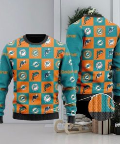 Dolphins Logo Checkered Flannel Design Knitted Ugly Christmas Sweater