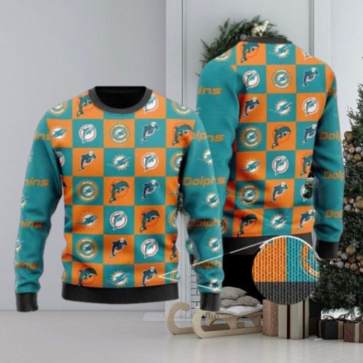 Dolphins Logo Checkered Flannel Design Knitted Ugly Christmas Sweater