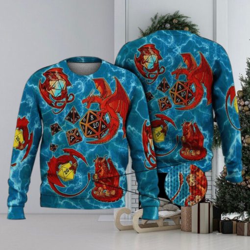 Dragon Plaing Dice Blue 3D Full Print Ugly Sweater Christmas Gift Sweater